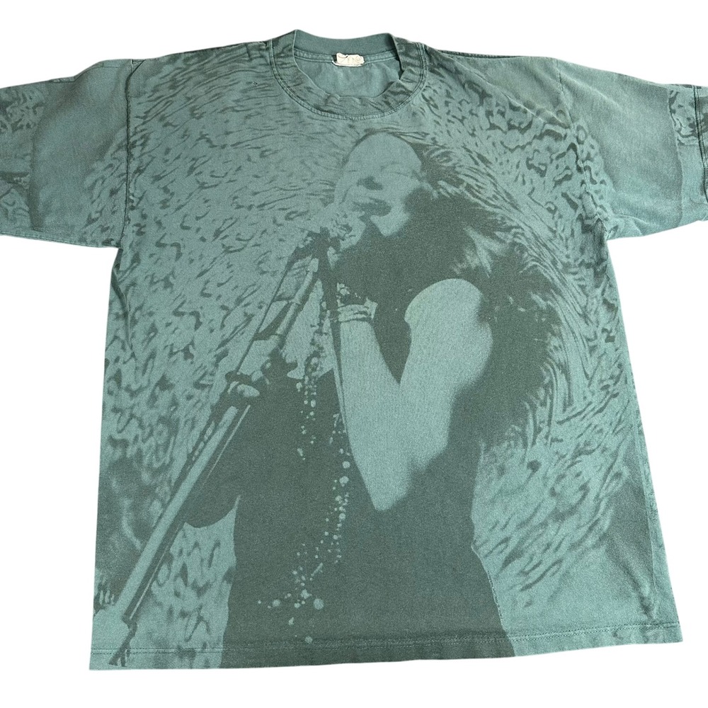 Vintage Janis Joplin 90s‎ Graphic T Shirt Green All Over Print Mens XL Cronies